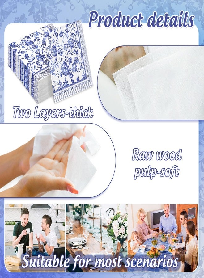 JarThenaAMCS مناديل غداء JarThenaAMCS زرقاء وبيضاء مزينة بنقوش زهور، 50 قطعة، ورقية للاستخدام مرة واحدة، بنمط زهور صيني، مناسبة للحلويات والوجبات الخفيفة، مثالية لحفلات عيد الحب، وحفلات الزفاف، وأعياد الميلاد، وبوفيهات الحفلات. - Image 3